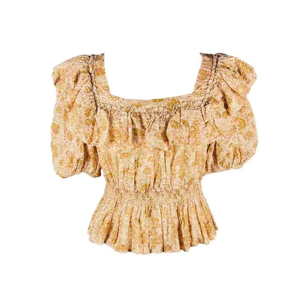 Ulla Johnson Warner Floral Shirred Ruffle Blouse Meadow Peplum Top Size 4